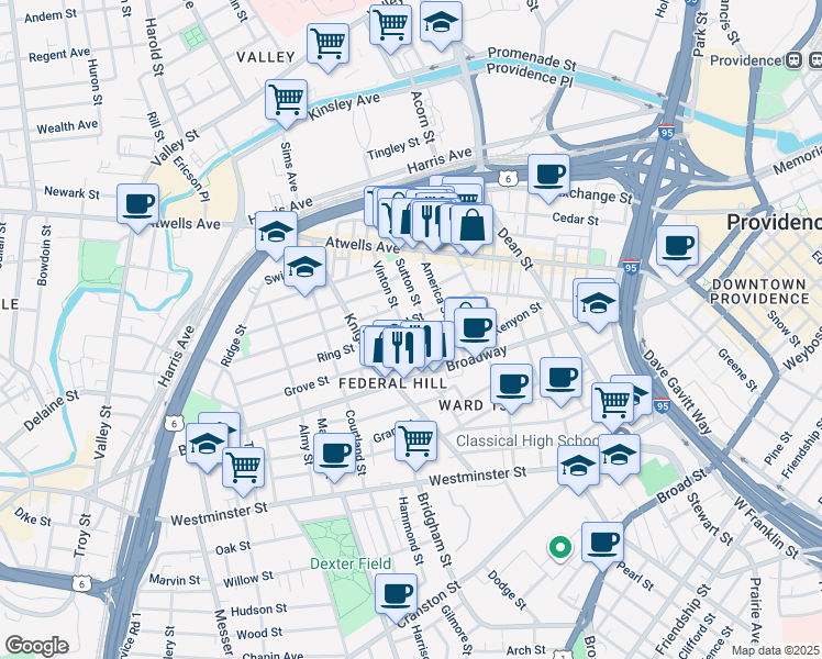 map of restaurants, bars, coffee shops, grocery stores, and more near 125 Sutton Street in Providence