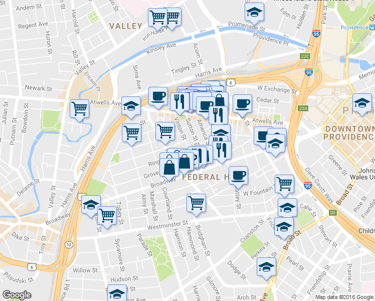 map of restaurants, bars, coffee shops, grocery stores, and more near 125 Sutton Street in Providence