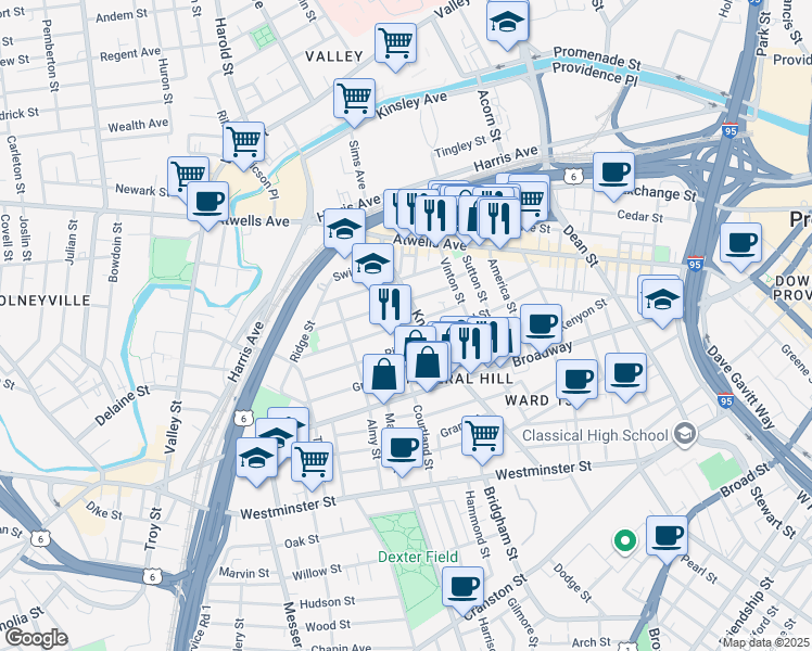 map of restaurants, bars, coffee shops, grocery stores, and more near 57 Penn Street in Providence