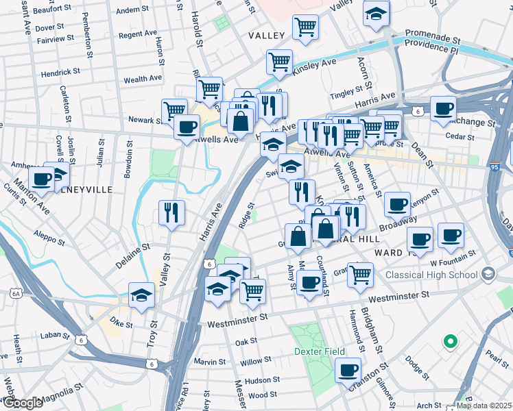 map of restaurants, bars, coffee shops, grocery stores, and more near 125 Tell Street in Providence