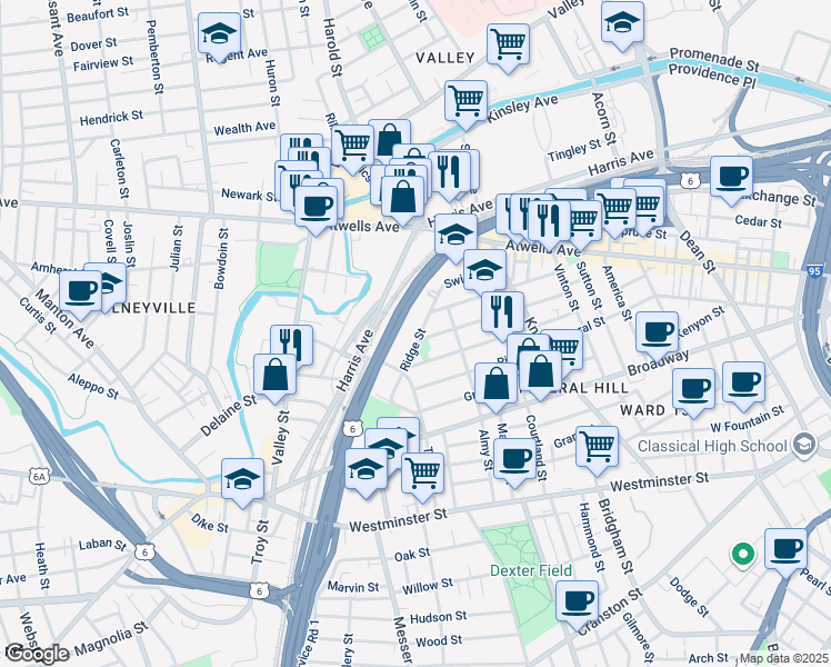 map of restaurants, bars, coffee shops, grocery stores, and more near 113 Ridge Street in Providence