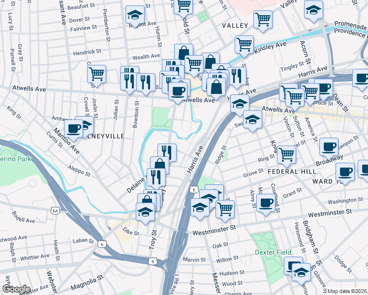 map of restaurants, bars, coffee shops, grocery stores, and more near 18 Gennaro Place in Providence