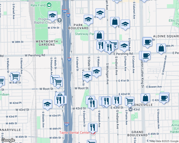 map of restaurants, bars, coffee shops, grocery stores, and more near 4015 South Dearborn Street in Chicago