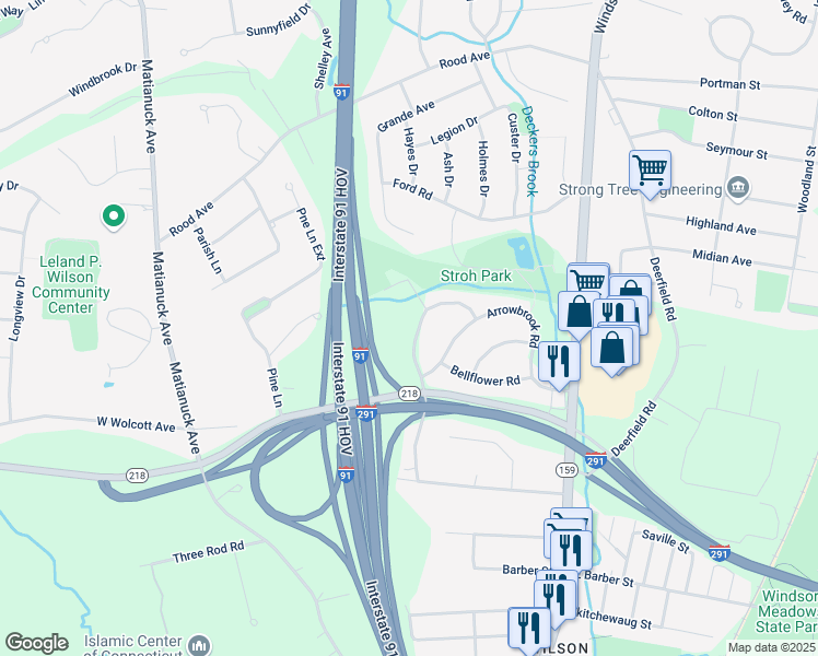 map of restaurants, bars, coffee shops, grocery stores, and more near 63 Briarwood Drive in Windsor