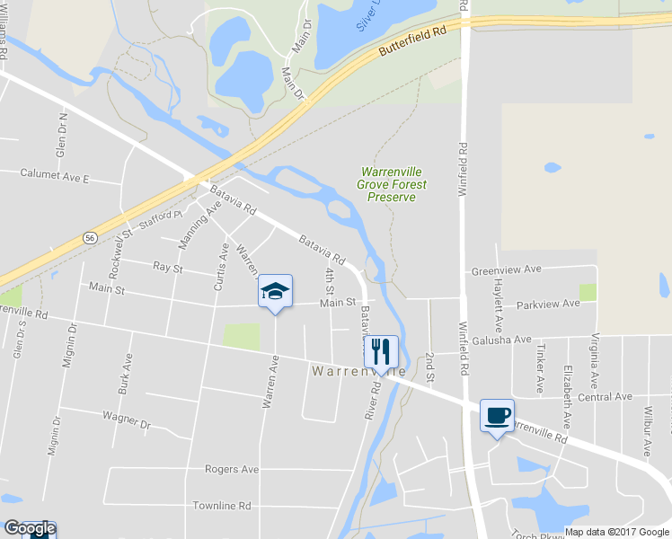 map of restaurants, bars, coffee shops, grocery stores, and more near 28W341 Batavia Road in Warrenville