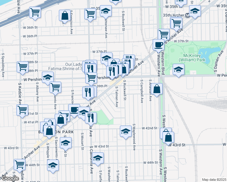 map of restaurants, bars, coffee shops, grocery stores, and more near 3955 South Archer Avenue in Chicago