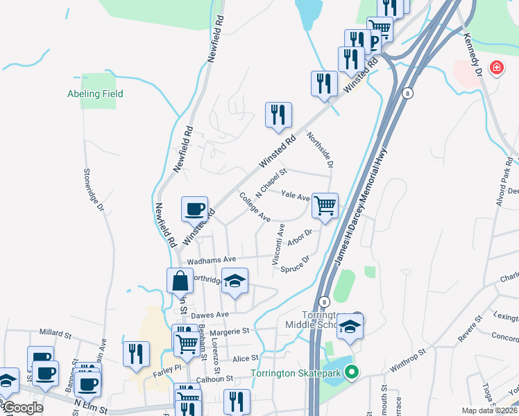 map of restaurants, bars, coffee shops, grocery stores, and more near 88 North Chapel Street in Torrington