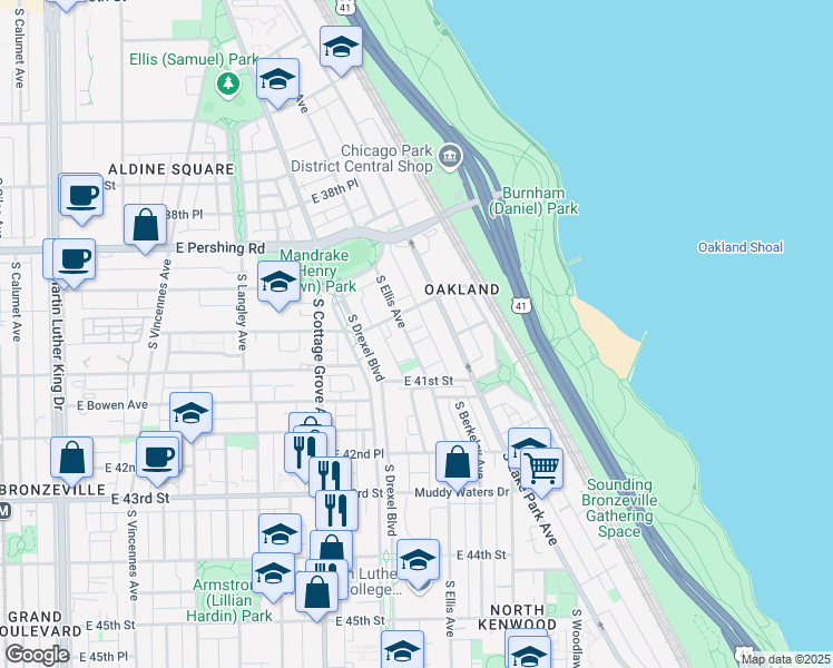 map of restaurants, bars, coffee shops, grocery stores, and more near 21 South Ellis Avenue in Chicago