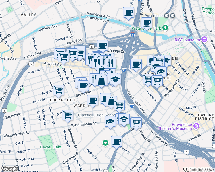 map of restaurants, bars, coffee shops, grocery stores, and more near Broadway & Dean St in Providence