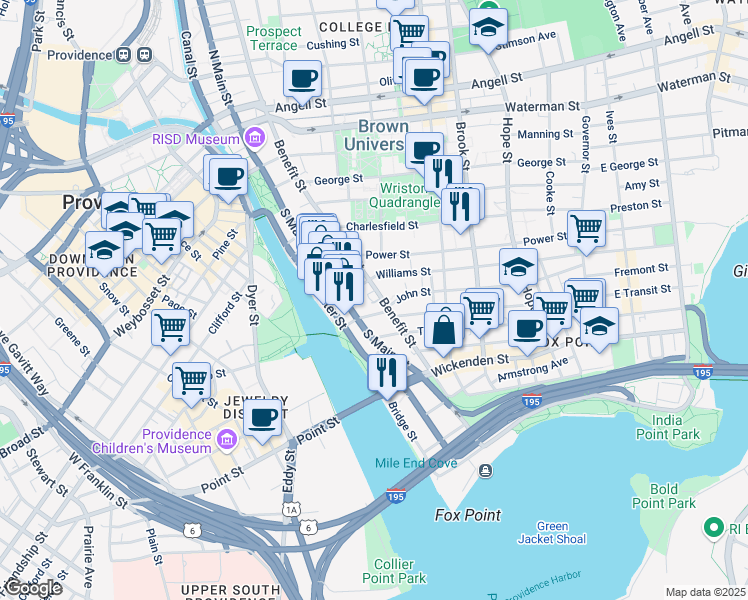 map of restaurants, bars, coffee shops, grocery stores, and more near 376 Benefit Street in Providence