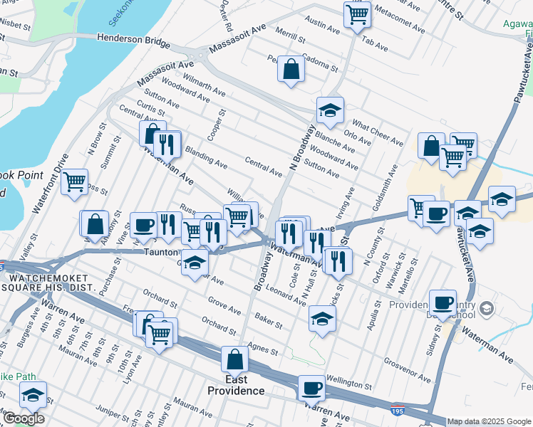 map of restaurants, bars, coffee shops, grocery stores, and more near 789 Broadway in East Providence