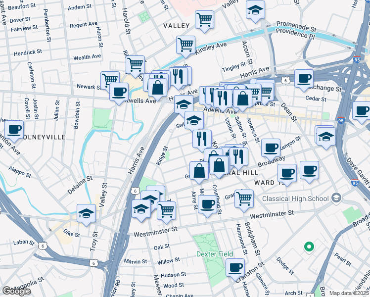 map of restaurants, bars, coffee shops, grocery stores, and more near 92 Tell Street in Providence