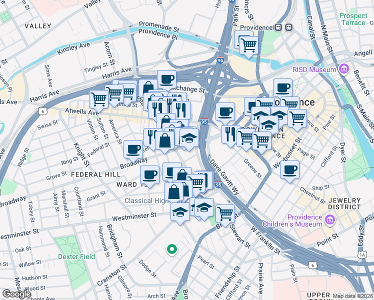 map of restaurants, bars, coffee shops, grocery stores, and more near 130 Broadway in Providence