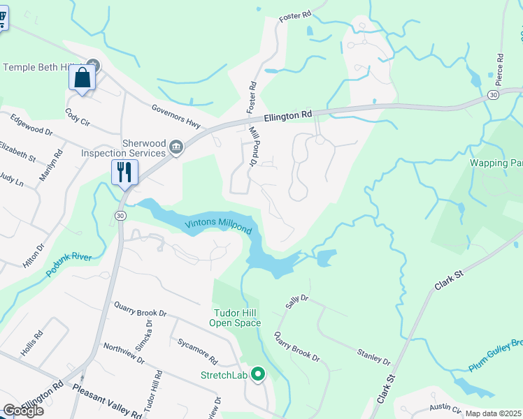 map of restaurants, bars, coffee shops, grocery stores, and more near 2110 Mill Pond Drive in South Windsor