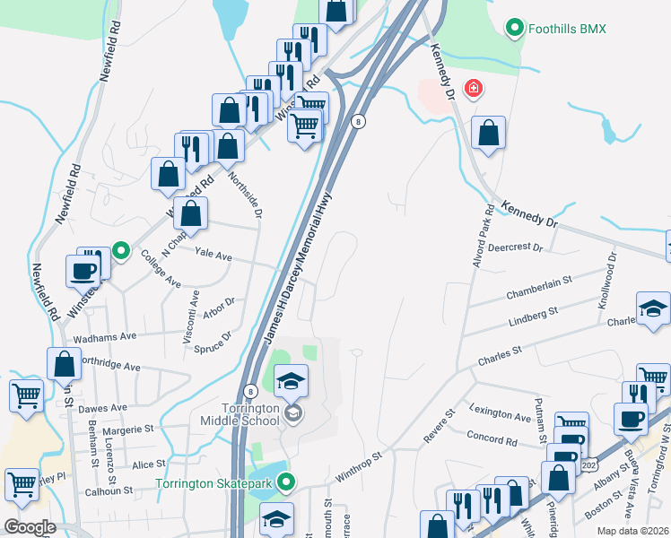 map of restaurants, bars, coffee shops, grocery stores, and more near 200 Doman Drive in Torrington