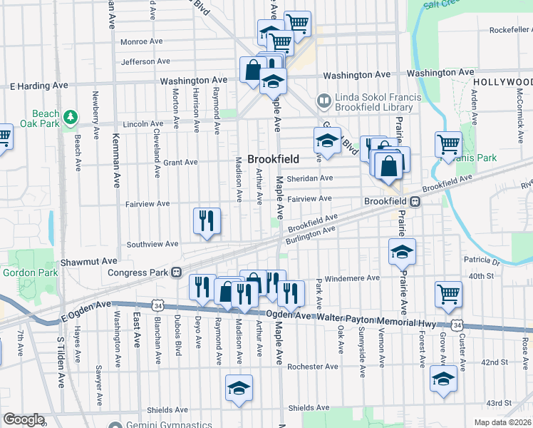 map of restaurants, bars, coffee shops, grocery stores, and more near 3815 Arthur Ave in Brookfield
