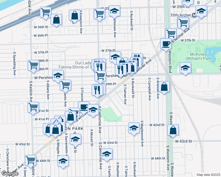 map of restaurants, bars, coffee shops, grocery stores, and more near 3984 South Archer Avenue in Chicago