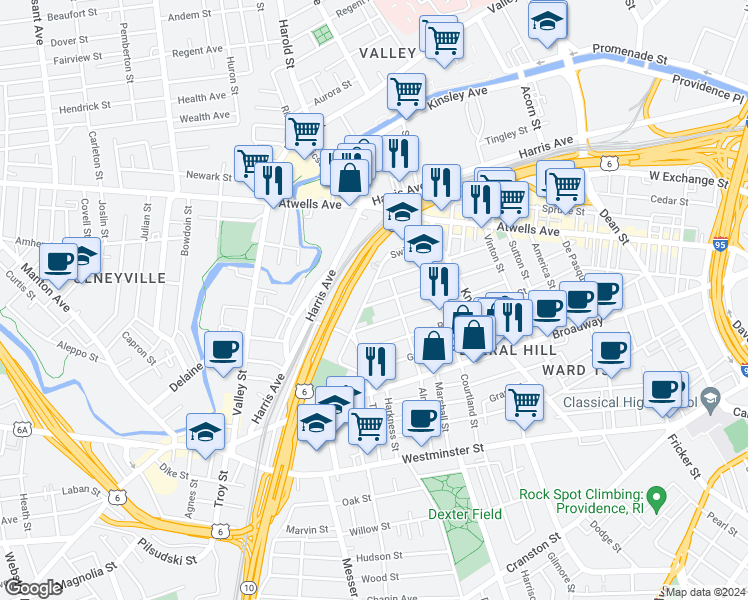 map of restaurants, bars, coffee shops, grocery stores, and more near 145 Tell Street in Providence