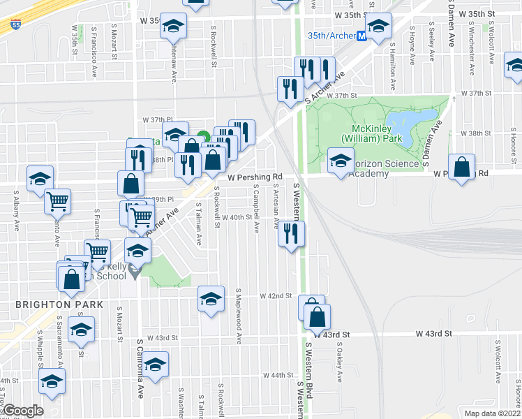 map of restaurants, bars, coffee shops, grocery stores, and more near 3949 South Campbell Avenue in Chicago