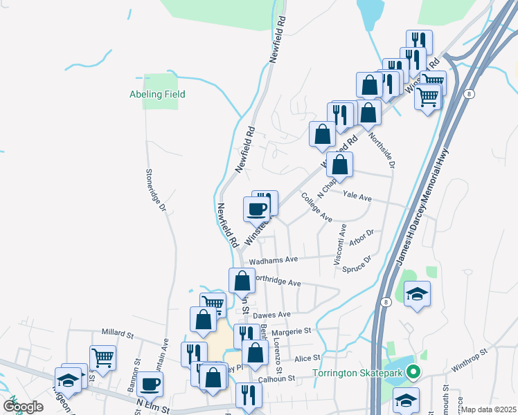 map of restaurants, bars, coffee shops, grocery stores, and more near 99 Winsted Road in Torrington