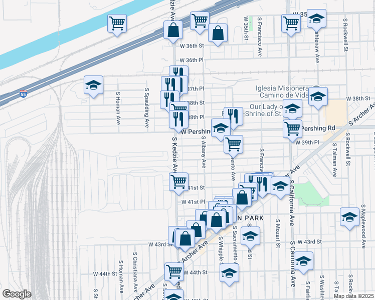 map of restaurants, bars, coffee shops, grocery stores, and more near 3135 West 39th Place in Chicago