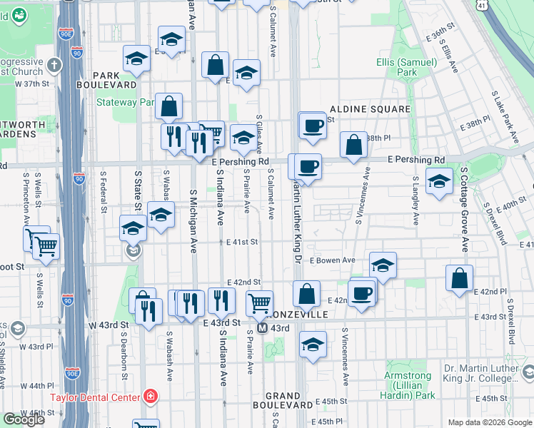 map of restaurants, bars, coffee shops, grocery stores, and more near 4016 South Calumet Avenue in Chicago