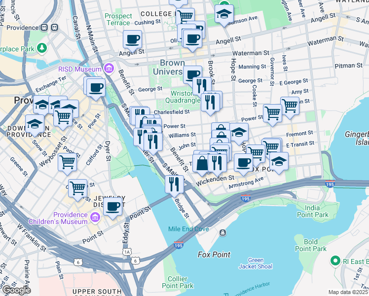 map of restaurants, bars, coffee shops, grocery stores, and more near 9 John Street in Providence