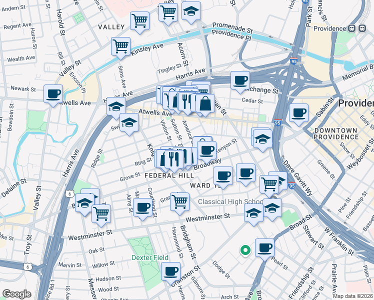 map of restaurants, bars, coffee shops, grocery stores, and more near 125 Sutton Street in Providence