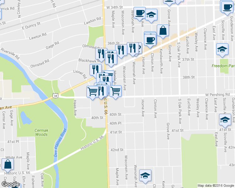 map of restaurants, bars, coffee shops, grocery stores, and more near 7118 Pershing Road in Berwyn