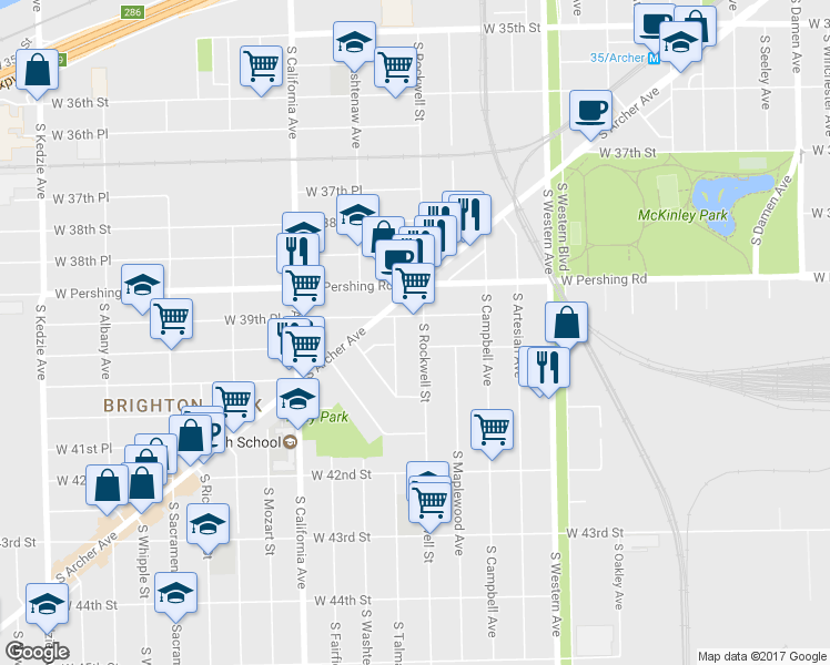 map of restaurants, bars, coffee shops, grocery stores, and more near 3944 South Rockwell Street in Chicago