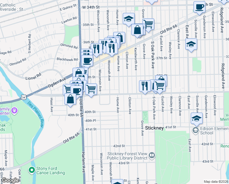map of restaurants, bars, coffee shops, grocery stores, and more near 7010 Pershing Road in Berwyn