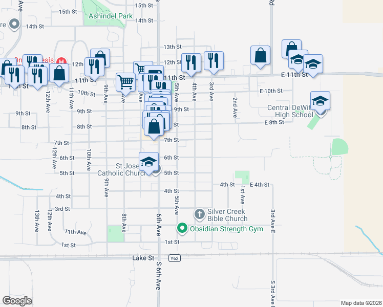 map of restaurants, bars, coffee shops, grocery stores, and more near 308 6th Street in DeWitt