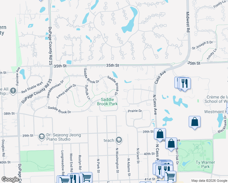 map of restaurants, bars, coffee shops, grocery stores, and more near 132 Saddle Brook Drive in Oak Brook