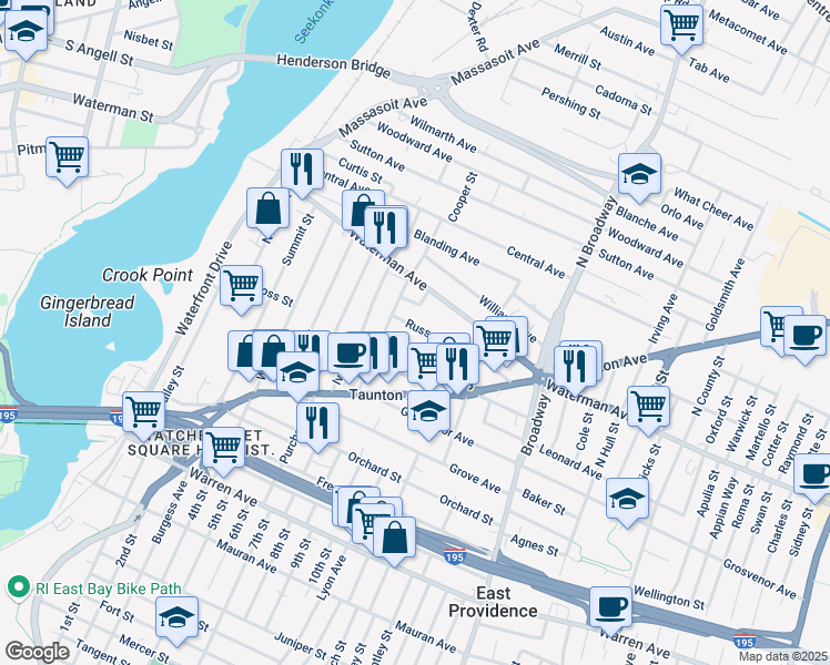 map of restaurants, bars, coffee shops, grocery stores, and more near 21 Russell Avenue in East Providence