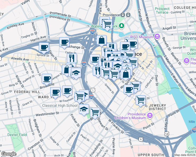 map of restaurants, bars, coffee shops, grocery stores, and more near 3 Regency Plz in Providence