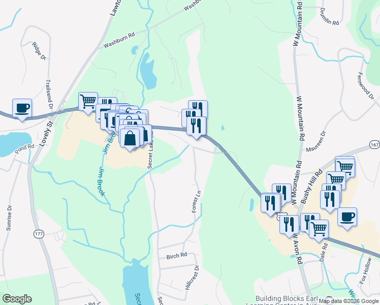 map of restaurants, bars, coffee shops, grocery stores, and more near 29 Old Albany Turnpike in Canton