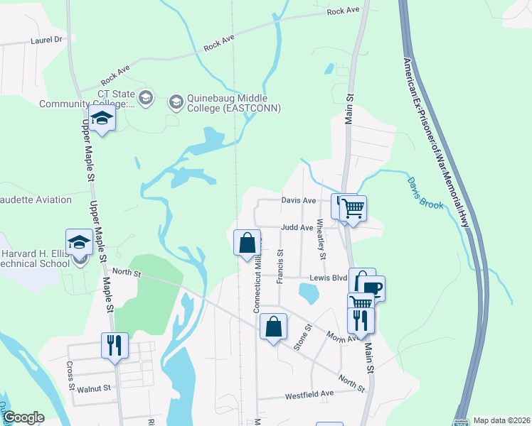 map of restaurants, bars, coffee shops, grocery stores, and more near 154 Connecticut Mills Avenue in Killingly