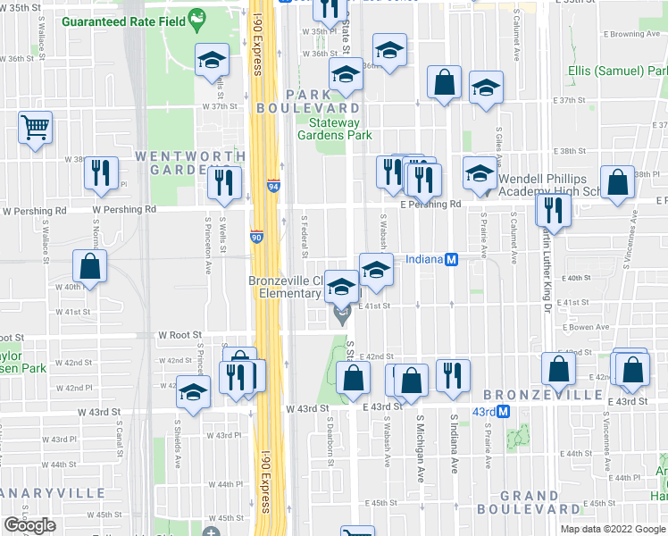 map of restaurants, bars, coffee shops, grocery stores, and more near 4015 S Dearborn St in Chicago