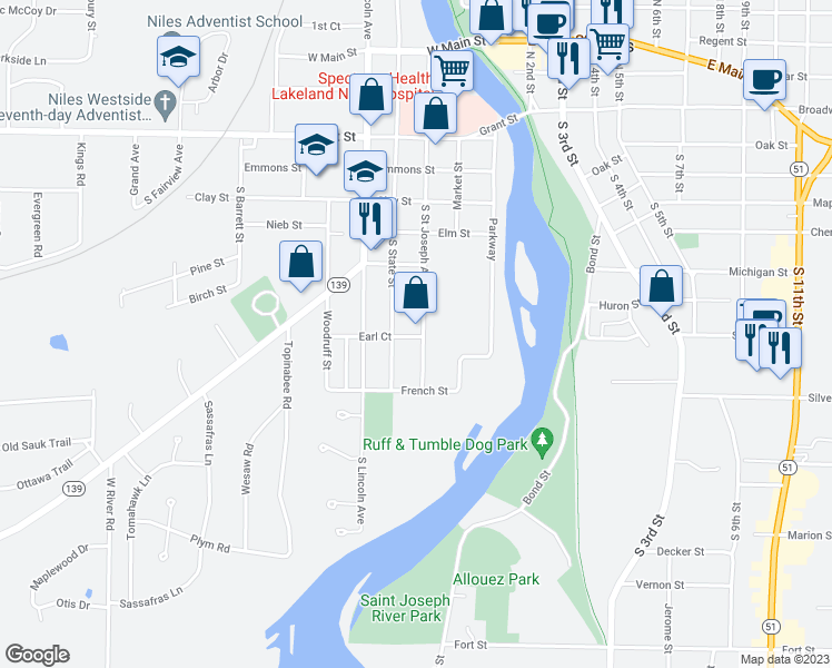 map of restaurants, bars, coffee shops, grocery stores, and more near 464 South Saint Joseph Avenue in Niles