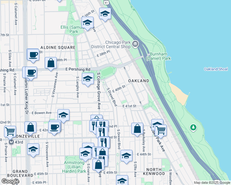 map of restaurants, bars, coffee shops, grocery stores, and more near 845 East 40th Street in Chicago