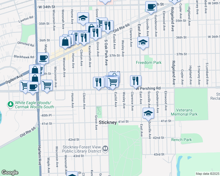 map of restaurants, bars, coffee shops, grocery stores, and more near 3849 Oak Park Avenue in Berwyn