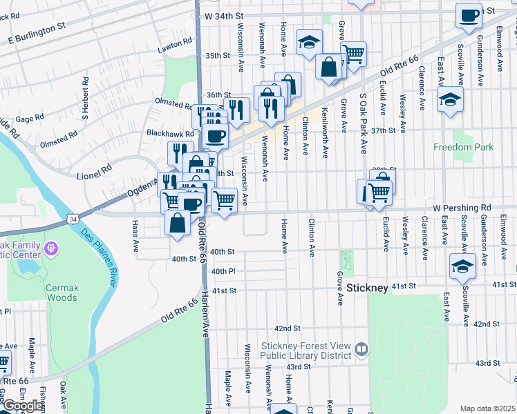 map of restaurants, bars, coffee shops, grocery stores, and more near 7044 Pershing Road in Berwyn