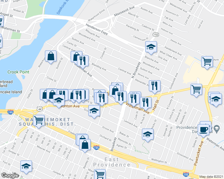 map of restaurants, bars, coffee shops, grocery stores, and more near 220 Waterman Avenue in East Providence