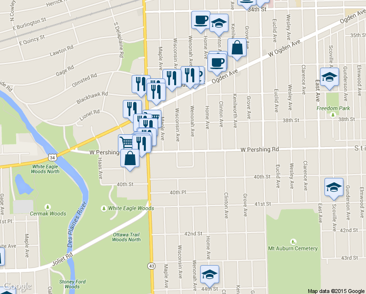 map of restaurants, bars, coffee shops, grocery stores, and more near 7044 Pershing Rd in Berwyn