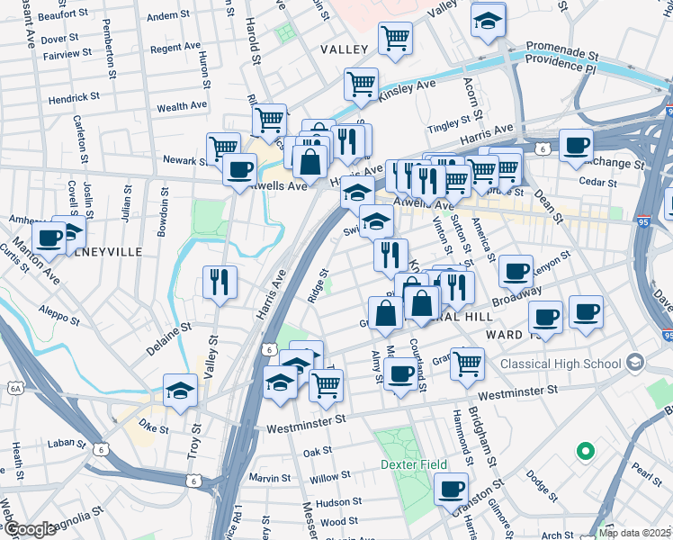 map of restaurants, bars, coffee shops, grocery stores, and more near 125 Tell Street in Providence