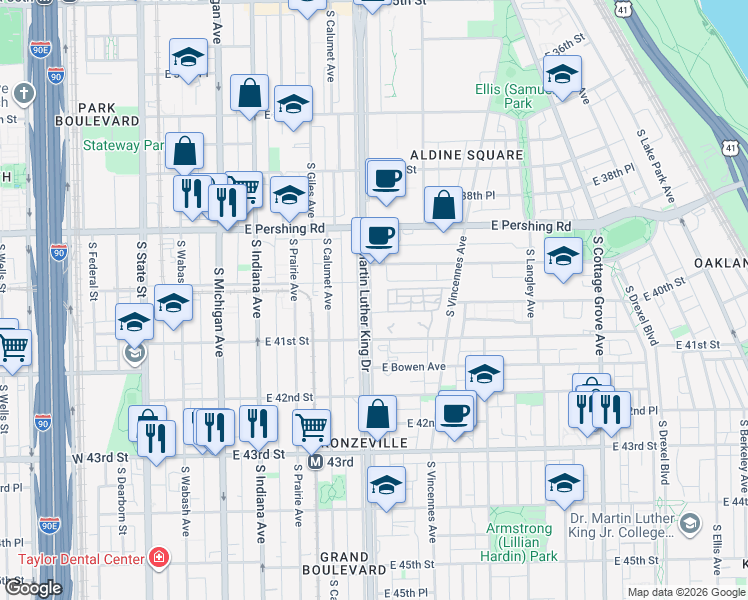 map of restaurants, bars, coffee shops, grocery stores, and more near 3955 South King Drive in Chicago