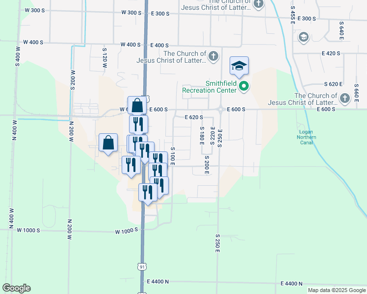 map of restaurants, bars, coffee shops, grocery stores, and more near 133 East 745 South in Smithfield