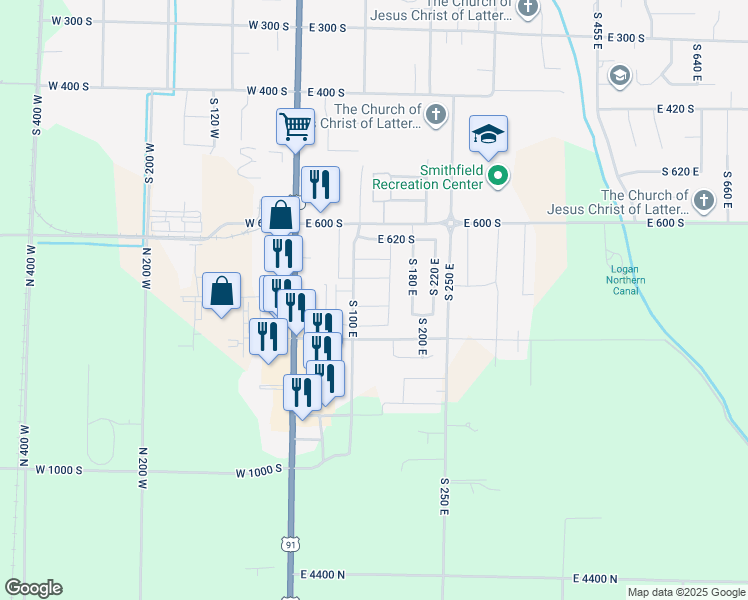 map of restaurants, bars, coffee shops, grocery stores, and more near 133 East 745 South in Smithfield