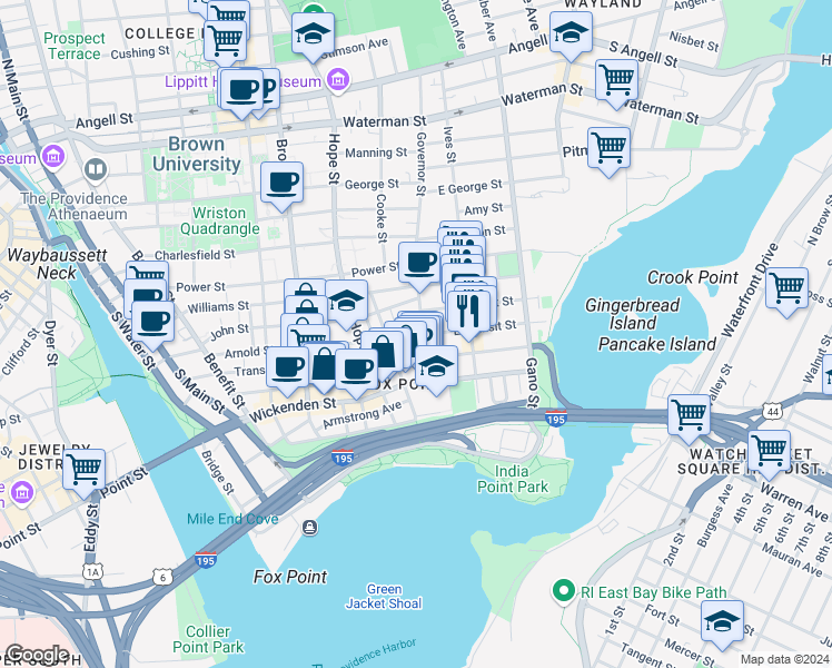 map of restaurants, bars, coffee shops, grocery stores, and more near 44 Governor Street in Providence