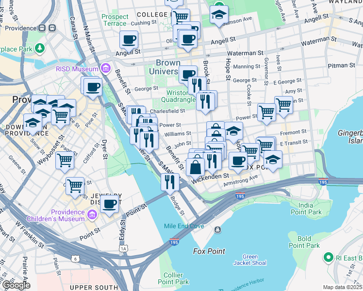 map of restaurants, bars, coffee shops, grocery stores, and more near 9 John Street in Providence